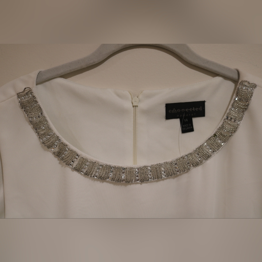 Connected Apparel Sleeveless Bead Chiffon Shift Dress Ivory - Picture 4 of 11